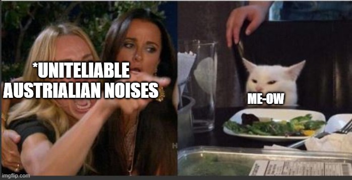 woman yelling at cat without white top | *UNITELIABLE AUSTRIALIAN NOISES; ME-OW | image tagged in woman yelling at cat without white top | made w/ Imgflip meme maker