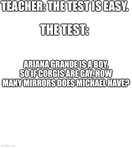 Tests be like: | TEACHER: THE TEST IS EASY. THE TEST:; ARIANA GRANDE IS A BOY, SO IF CORGIS ARE GAY, HOW MANY MIRRORS DOES MICHAEL HAVE? | image tagged in blank white template,test | made w/ Imgflip meme maker