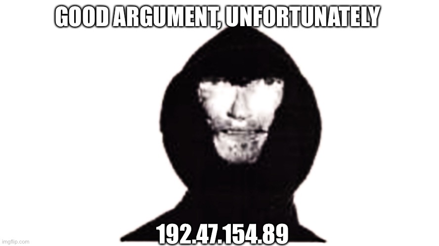The Intruder | GOOD ARGUMENT, UNFORTUNATELY; 192.47.154.89 | image tagged in bruh | made w/ Imgflip meme maker