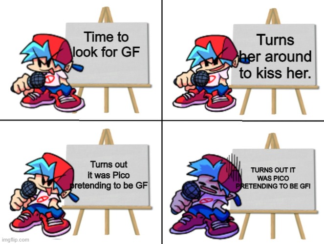 FAKE GF PLAN | Turns her around to kiss her. Time to look for GF; Turns out it was Pico pretending to be GF; TURNS OUT IT WAS PICO PRETENDING TO BE GF! | image tagged in the bf's plan | made w/ Imgflip meme maker