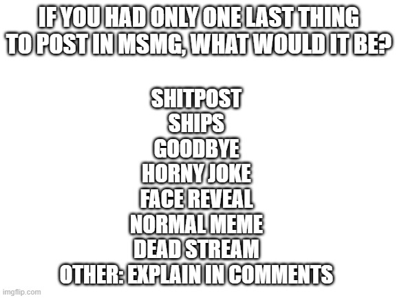Blank White Template | IF YOU HAD ONLY ONE LAST THING TO POST IN MSMG, WHAT WOULD IT BE? SHITPOST
SHIPS
GOODBYE
HORNY JOKE
FACE REVEAL
NORMAL MEME
DEAD STREAM
OTHER: EXPLAIN IN COMMENTS | image tagged in blank white template | made w/ Imgflip meme maker