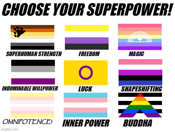 *The Score - Unstoppable plays* | SUPERHUMAN STRENGTH                 FREEDOM                             MAGIC; INDOMINABLE WILLPOWER; LUCK                         SHAPESHIFTING; OMNIPOTENCE! INNER POWER         BUDDHA | image tagged in memes,funny,superpower,lgbtq,pride | made w/ Imgflip meme maker