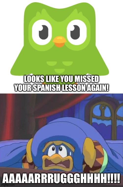 Dedede forgets his Spanish lesson again | LOOKS LIKE YOU MISSED YOUR SPANISH LESSON AGAIN! AAAAARRRUGGGHHHH!!!! | image tagged in scared dedede | made w/ Imgflip meme maker