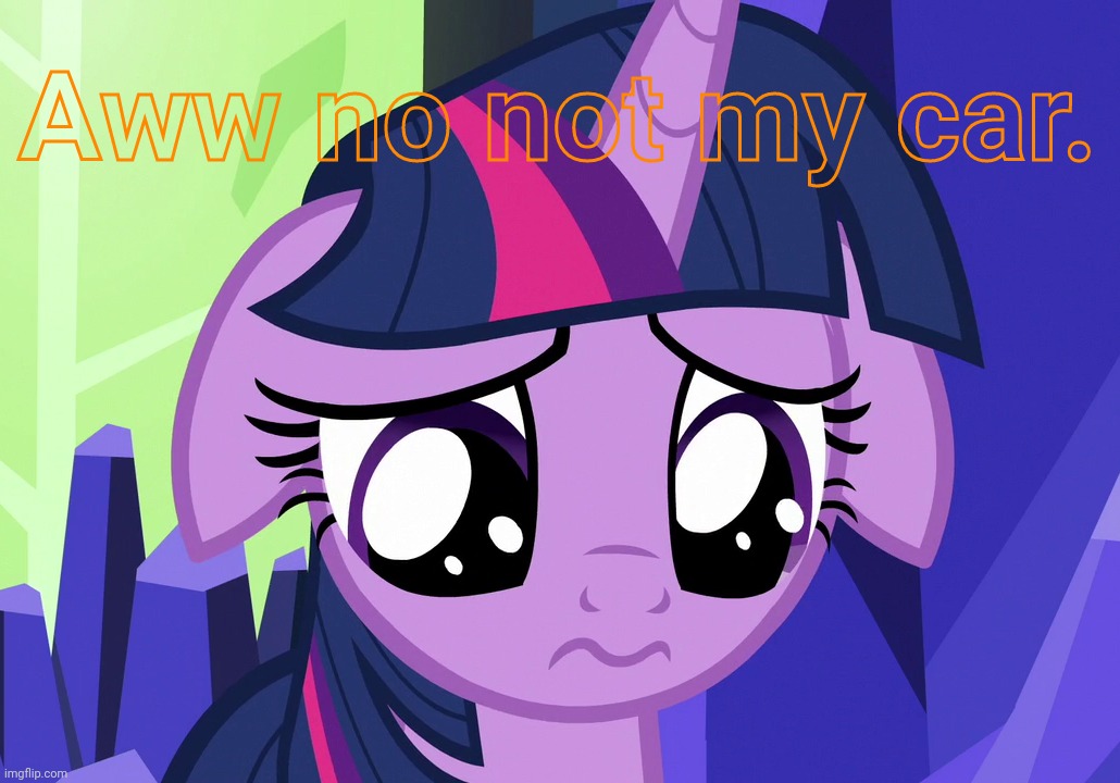 Sad Twilight (MLP) | Aww no not my car. | image tagged in sad twilight mlp | made w/ Imgflip meme maker