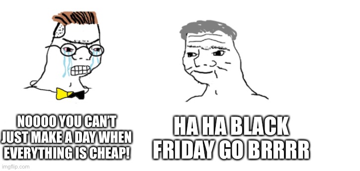 Black friday go crazy | NOOOO YOU CAN’T JUST MAKE A DAY WHEN EVERYTHING IS CHEAP! HA HA BLACK FRIDAY GO BRRRR | image tagged in nooo haha go brrr | made w/ Imgflip meme maker