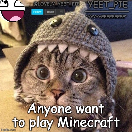 Yeet_Pie | Anyone want to play Minecraft | image tagged in yeet_pie | made w/ Imgflip meme maker