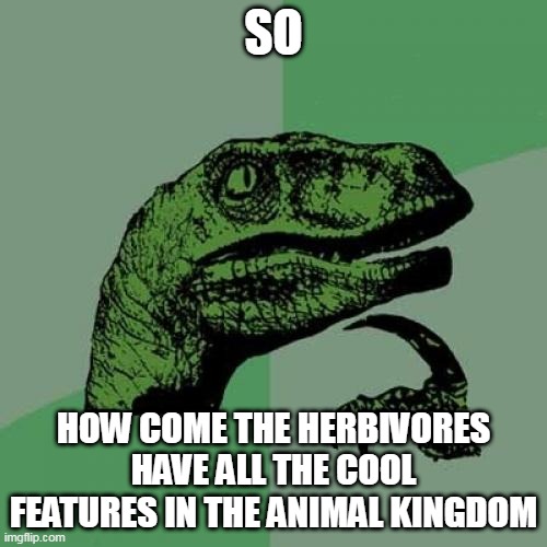 Seriously | SO; HOW COME THE HERBIVORES HAVE ALL THE COOL FEATURES IN THE ANIMAL KINGDOM | image tagged in memes,philosoraptor,animal kingdom,herbivore,herbivores,features | made w/ Imgflip meme maker