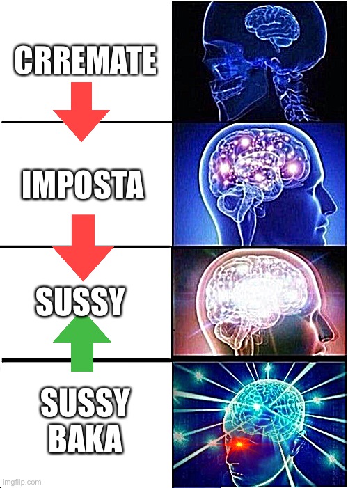 Expanding Brain | CRREMATE; IMPOSTA; SUSSY; SUSSY BAKA | image tagged in memes,expanding brain | made w/ Imgflip meme maker