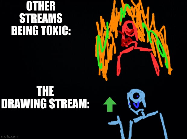 dont get me wrong, there are streams that dont have toxicity. but the drawings stream is by far the least toxic that I've seen : | OTHER STREAMS BEING TOXIC:; THE DRAWING STREAM: | image tagged in black background | made w/ Imgflip meme maker
