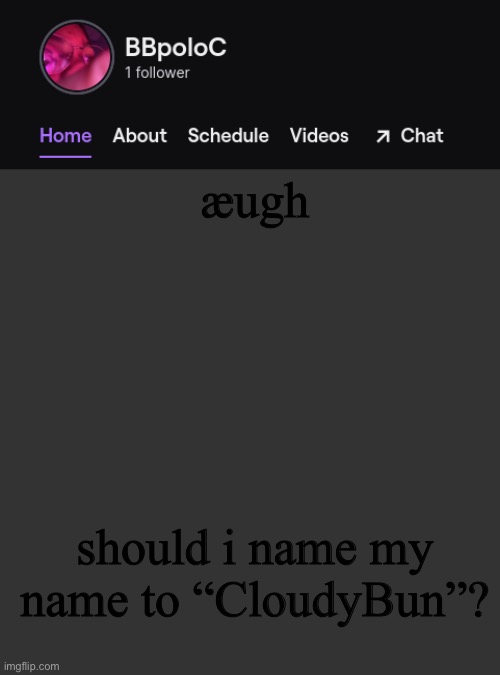 i’ve been putting it off for a y e a r | æugh; should i name my name to “CloudyBun”? | image tagged in twitch template | made w/ Imgflip meme maker