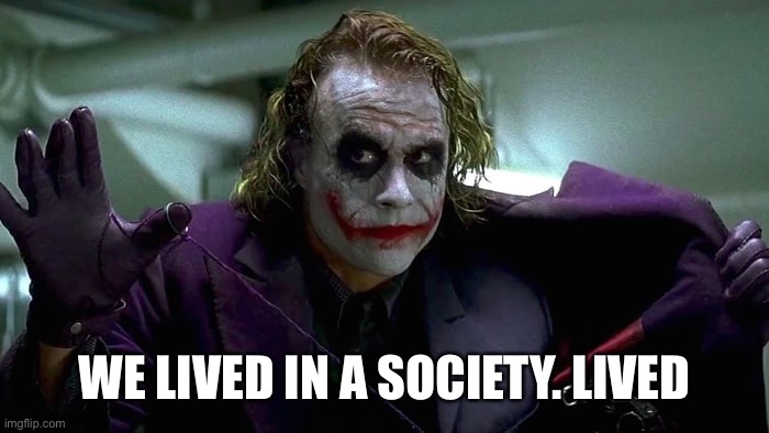 We live in a society | WE LIVED IN A SOCIETY. LIVED | image tagged in we live in a society | made w/ Imgflip meme maker