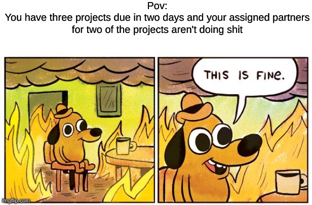 Yes this is a cry for my suffering to be ended | Pov:
You have three projects due in two days and your assigned partners for two of the projects aren't doing shit | image tagged in memes,this is fine | made w/ Imgflip meme maker