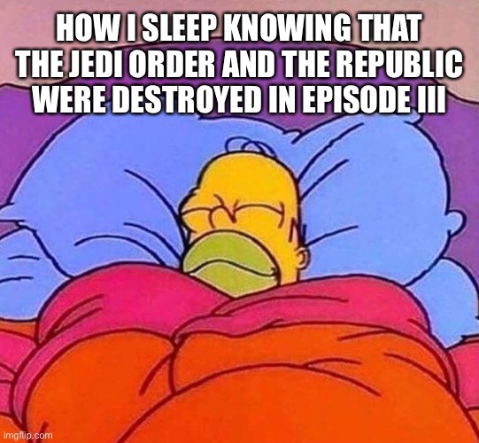 Homer Simpson sleeping peacefully | HOW I SLEEP KNOWING THAT THE JEDI ORDER AND THE REPUBLIC WERE DESTROYED IN EPISODE III | image tagged in homer simpson sleeping peacefully,star wars,revenge of the sith,jedi,clone trooper,sith lord | made w/ Imgflip meme maker