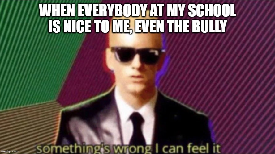 Somethings wrong. | WHEN EVERYBODY AT MY SCHOOL IS NICE TO ME, EVEN THE BULLY | image tagged in something's wrong i can feel it | made w/ Imgflip meme maker