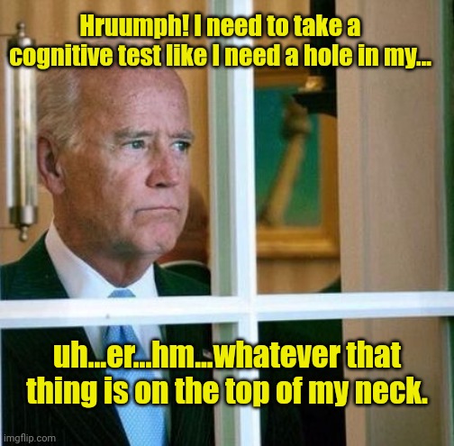 Biden on concern about his mental competence | Hruumph! I need to take a cognitive test like I need a hole in my... uh...er...hm...whatever that thing is on the top of my neck. | image tagged in sad joe biden,joe biden worries,dementia,cognitive test,mental incompetence,political humor | made w/ Imgflip meme maker