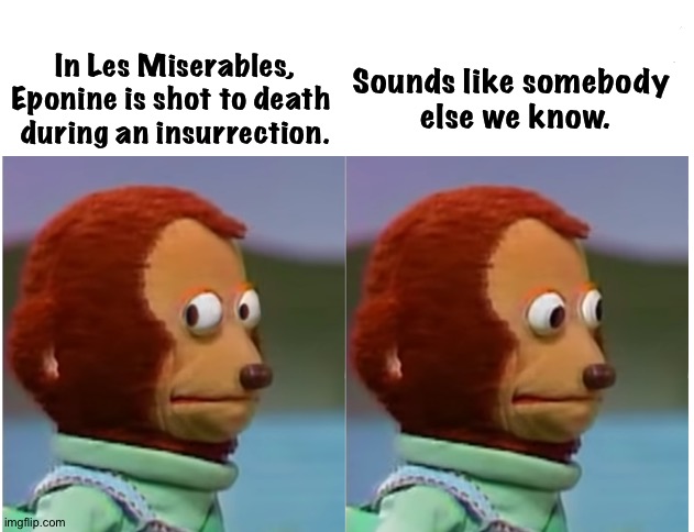 Story is familiar | Sounds like somebody 
else we know. In Les Miserables, Eponine is shot to death 
during an insurrection. | image tagged in monkey puppet looking away good quality | made w/ Imgflip meme maker