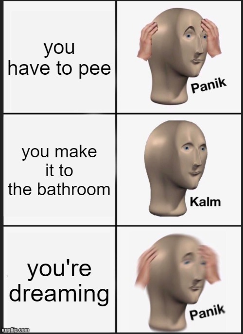 Panik Kalm Panik | you have to pee; you make it to the bathroom; you're dreaming | image tagged in memes,panik kalm panik | made w/ Imgflip meme maker