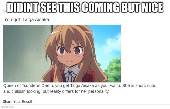 Yay | DIDINT SEE THIS COMING BUT NICE | image tagged in waifu,quiz,toradora | made w/ Imgflip meme maker