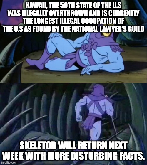 Skeletor disturbing facts | HAWAII, THE 50TH STATE OF THE U.S WAS ILLEGALLY OVERTHROWN AND IS CURRENTLY THE LONGEST ILLEGAL OCCUPATION OF THE U.S AS FOUND BY THE NATIONAL LAWYER'S GUILD; SKELETOR WILL RETURN NEXT WEEK WITH MORE DISTURBING FACTS. | image tagged in skeletor disturbing facts | made w/ Imgflip meme maker