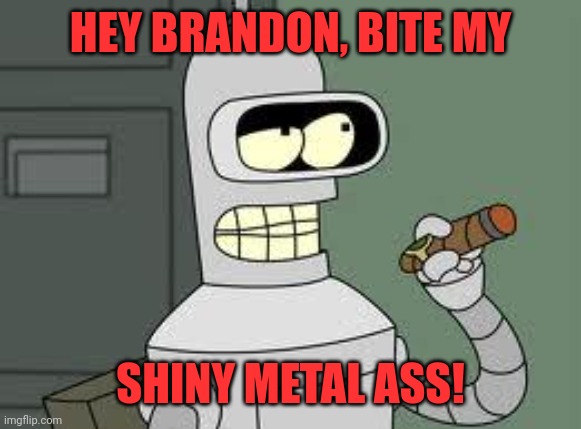 Bender | HEY BRANDON, BITE MY SHINY METAL ASS! | image tagged in bender | made w/ Imgflip meme maker