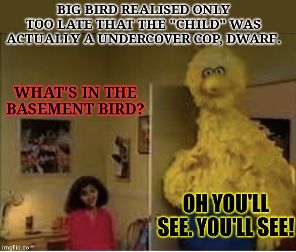 Big Bird's basement | BIG BIRD REALISED ONLY TOO LATE THAT THE "CHILD" WAS ACTUALLY A UNDERCOVER COP, DWARF. WHAT'S IN THE BASEMENT BIRD? OH YOU'LL SEE. YOU'LL SEE! | image tagged in big bird,sesame street,undercover,investigation,basement | made w/ Imgflip meme maker