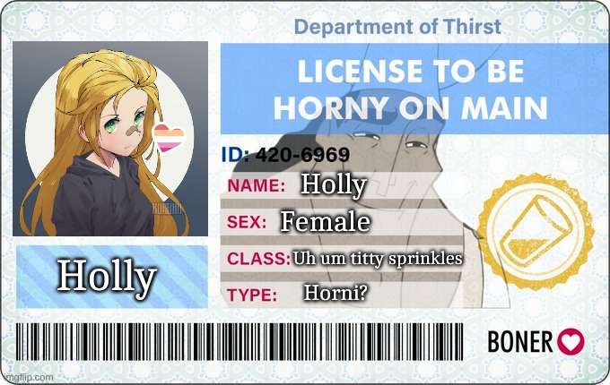 License To Be Horny On Main | Holly; Female; Uh um titty sprinkles; Holly; Horni? | image tagged in license to be horny on main | made w/ Imgflip meme maker