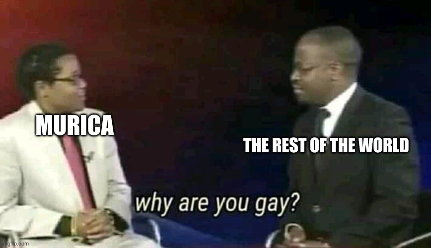 Why are you gay? | MURICA THE REST OF THE WORLD | image tagged in why are you gay | made w/ Imgflip meme maker