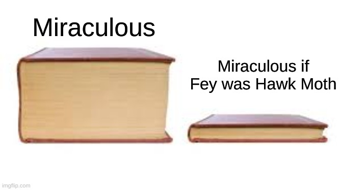 "Don't mind me Marinette, just gonna steal your miraculous in 12 seconds" | Miraculous; Miraculous if Fey was Hawk Moth | image tagged in big book small book | made w/ Imgflip meme maker