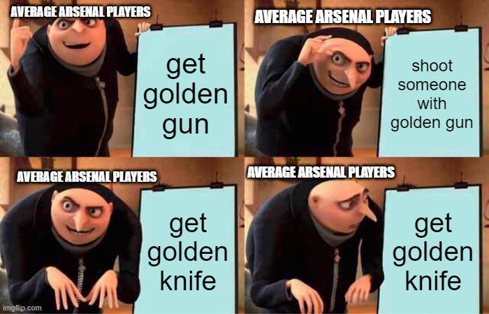 Gru's Plan Meme | AVERAGE ARSENAL PLAYERS; AVERAGE ARSENAL PLAYERS; get golden gun; shoot someone with golden gun; AVERAGE ARSENAL PLAYERS; AVERAGE ARSENAL PLAYERS; get golden knife; get golden knife | image tagged in memes,gru's plan | made w/ Imgflip meme maker