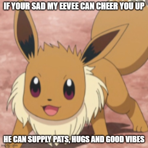 your welcome :) | IF YOUR SAD MY EEVEE CAN CHEER YOU UP; HE CAN SUPPLY PATS, HUGS AND GOOD VIBES | image tagged in happy eevee | made w/ Imgflip meme maker