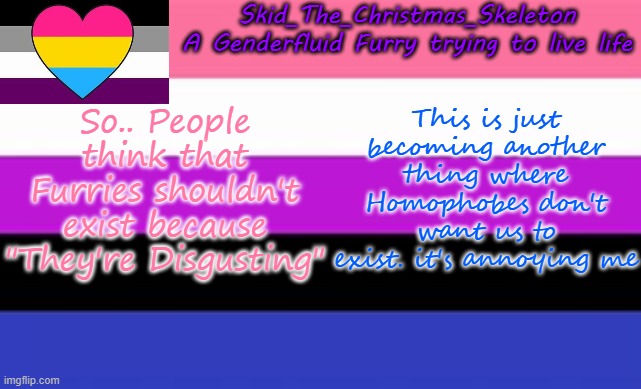 I think this is another issue.. | So.. People think that Furries shouldn't exist because "They're Disgusting"; This is just becoming another thing where Homophobes don't want us to exist. it's annoying me | image tagged in skid's lgbtq temp | made w/ Imgflip meme maker