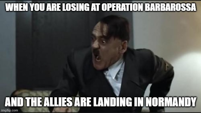 Hitler | WHEN YOU ARE LOSING AT OPERATION BARBAROSSA; AND THE ALLIES ARE LANDING IN NORMANDY | image tagged in hitler,ww2 | made w/ Imgflip meme maker