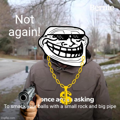 Bernie I Am Once Again Asking For Your Support | Not again! To smack your balls with a small rock and big pipe | image tagged in memes,bernie i am once again asking for your support | made w/ Imgflip meme maker