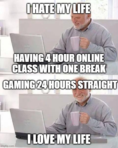 The gamer | I HATE MY LIFE; HAVING 4 HOUR ONLINE CLASS WITH ONE BREAK; GAMING 24 HOURS STRAIGHT; I LOVE MY LIFE | image tagged in memes,hide the pain harold | made w/ Imgflip meme maker