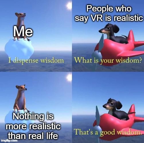 Technically the truth | People who say VR is realistic; Me; Nothing is more realistic than real life | image tagged in wisdom dog | made w/ Imgflip meme maker