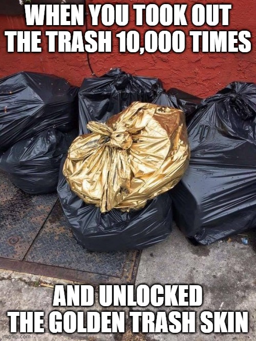 *Legendary skin unlocked* | WHEN YOU TOOK OUT THE TRASH 10,000 TIMES; AND UNLOCKED THE GOLDEN TRASH SKIN | image tagged in golden trash bag | made w/ Imgflip meme maker