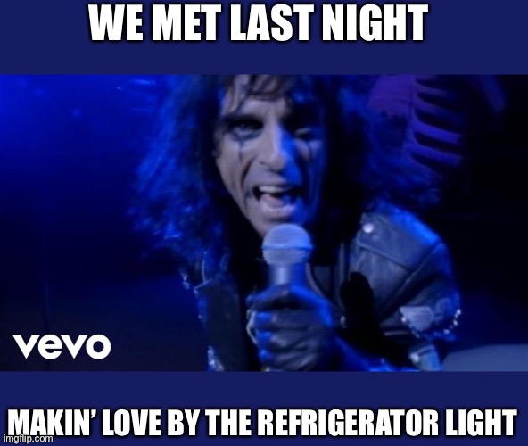 Cold Ethyl | WE MET LAST NIGHT; MAKIN’ LOVE BY THE REFRIGERATOR LIGHT | image tagged in alice cooper,skeleton | made w/ Imgflip meme maker