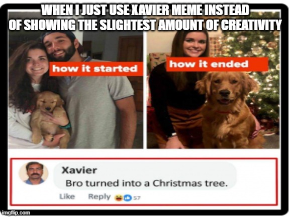When I just use Xavier meme instead of showing the slightest amount of creativity |  WHEN I JUST USE XAVIER MEME INSTEAD OF SHOWING THE SLIGHTEST AMOUNT OF CREATIVITY | image tagged in xavier | made w/ Imgflip meme maker