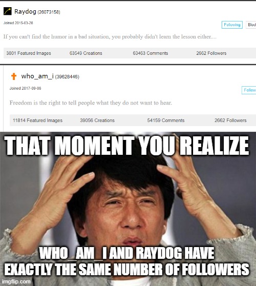 Did you noticed that | THAT MOMENT YOU REALIZE; WHO_AM_I AND RAYDOG HAVE EXACTLY THE SAME NUMBER OF FOLLOWERS | image tagged in that moment when you realize,meme,imgflip users,imgflip user,imgflip,never gonna give you up | made w/ Imgflip meme maker