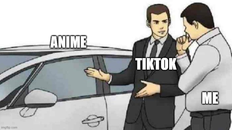 THIS IS A STORI ON HOW I KNO ANIME | ANIME; TIKTOK; ME | image tagged in memes,car salesman slaps roof of car | made w/ Imgflip meme maker