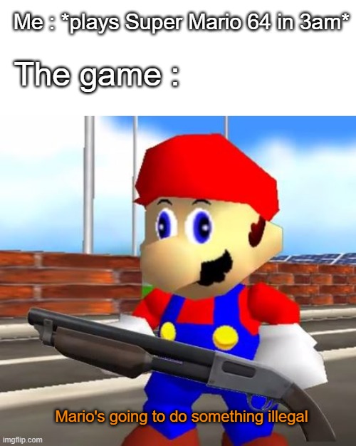 Mario's going to do something illegal | Me : *plays Super Mario 64 in 3am*; The game :; Mario's going to do something illegal | image tagged in mario,stupid signs,game of the year,mario's going to do something illegal | made w/ Imgflip meme maker