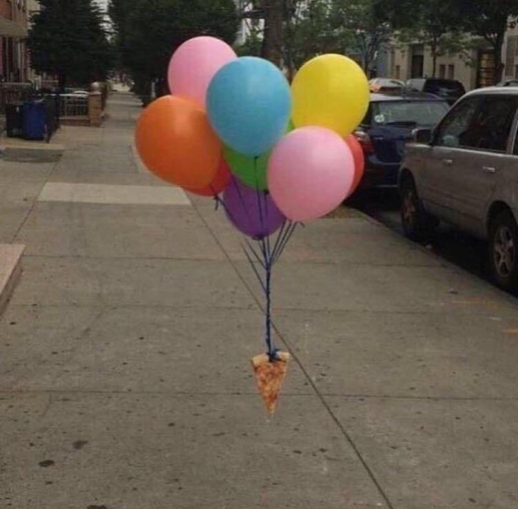 High Quality pizza hanging on baloons Blank Meme Template