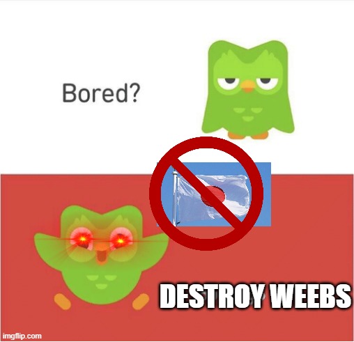 DESTROY WEEEBS | DESTROY WEEBS | image tagged in duolingo bored,weebs,dulingo | made w/ Imgflip meme maker