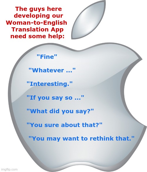 Need Some Help With An App ... | The guys here
  developing our
Woman-to-English
 Translation App
 need some help:; "Fine"
 
 "Whatever ..."
 
"Interesting."
 
"If you say so ..."
 
"What did you say?"
 
"You sure about that?"
 
 "You may want to rethink that." | image tagged in apple logo,apps,guys,women,rick75230 | made w/ Imgflip meme maker