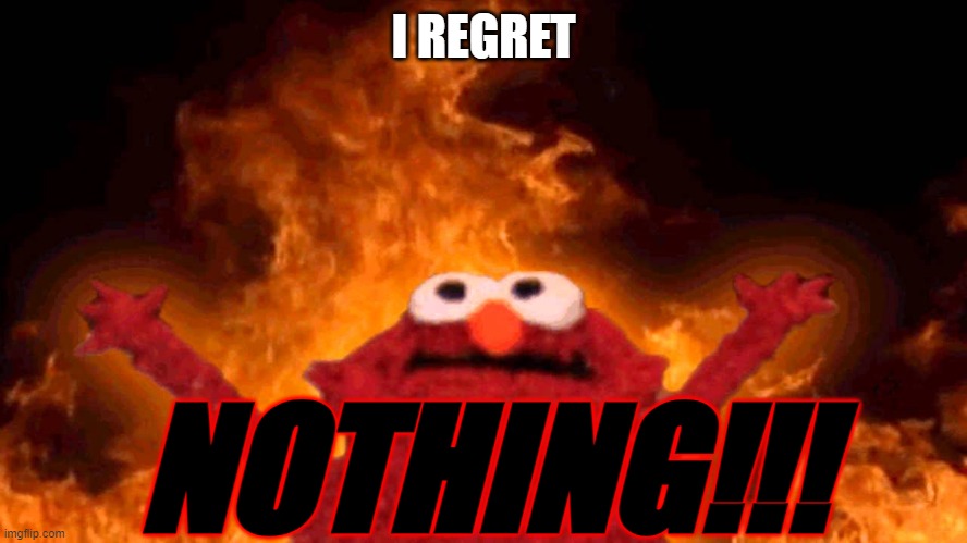 elmo fire | I REGRET NOTHING!!! | image tagged in elmo fire | made w/ Imgflip meme maker