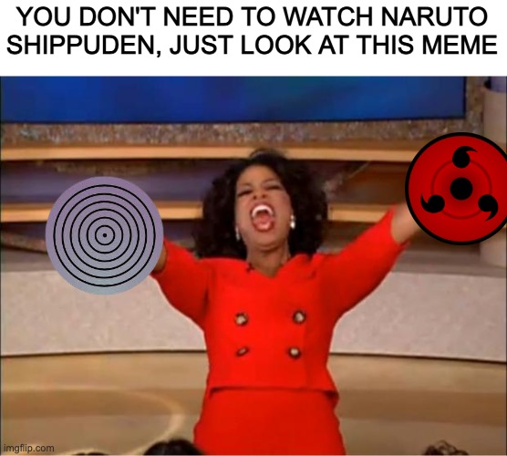 yes yes yes | YOU DON'T NEED TO WATCH NARUTO SHIPPUDEN, JUST LOOK AT THIS MEME | image tagged in memes,oprah you get a | made w/ Imgflip meme maker