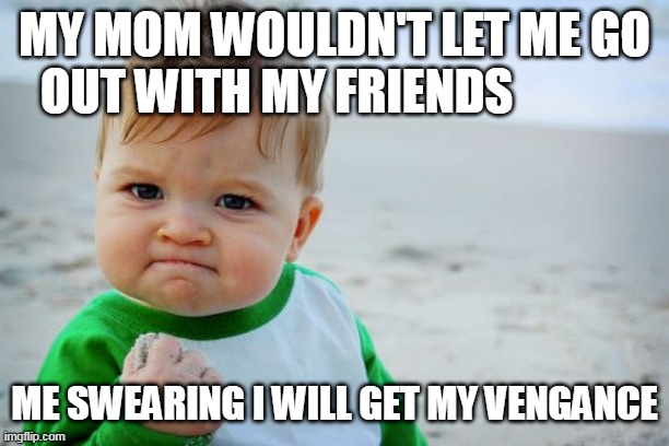 Success Kid Original | MY MOM WOULDN'T LET ME GO OUT WITH MY FRIENDS; ME SWEARING I WILL GET MY VENGANCE | image tagged in memes,success kid original | made w/ Imgflip meme maker