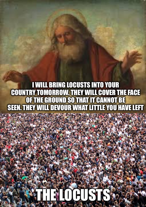 Filthy humans | I WILL BRING LOCUSTS INTO YOUR COUNTRY TOMORROW. THEY WILL COVER THE FACE OF THE GROUND SO THAT IT CANNOT BE SEEN. THEY WILL DEVOUR WHAT LITTLE YOU HAVE LEFT; THE LOCUSTS | image tagged in god,crowd of people | made w/ Imgflip meme maker