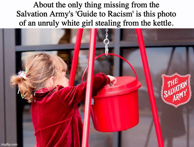 About the only thing missing from the Salvation Army's 'Guide to Racism' is this photo of an unruly white girl stealing from the kettle. | made w/ Imgflip meme maker