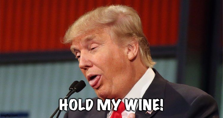 Trump stupid face mocking reporter | HOLD MY WINE! | image tagged in trump stupid face mocking reporter | made w/ Imgflip meme maker